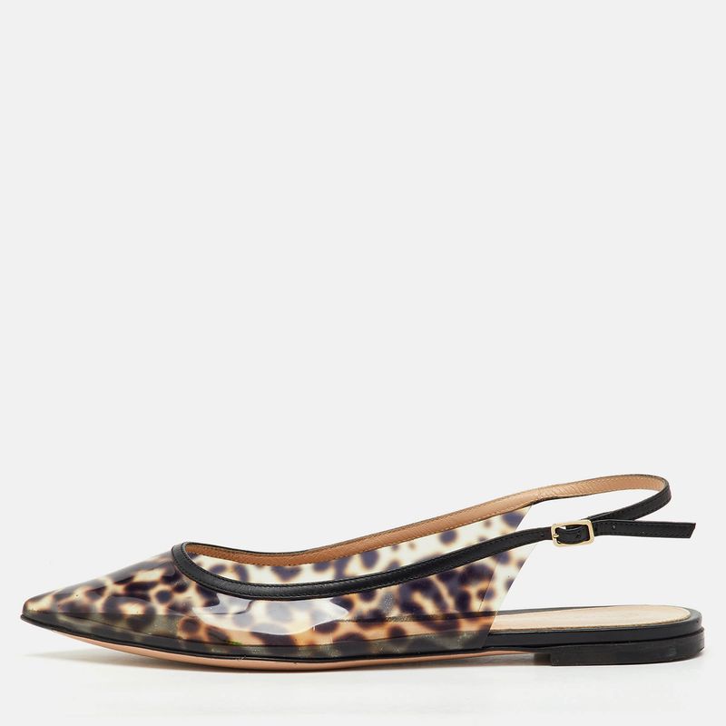 Gianvito Rossi Black/Brown Pvc Animal Print Slingback Flats Size 38.5